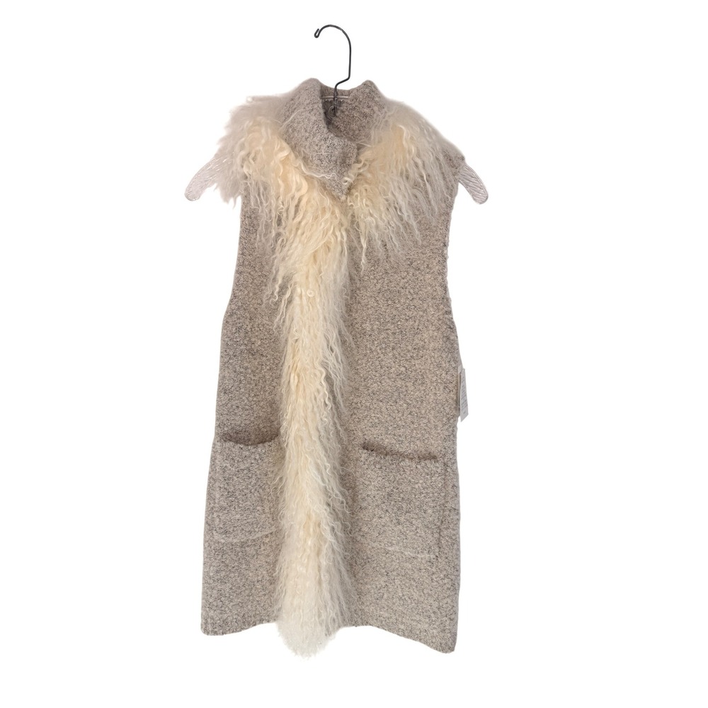 Dolce Cabo Knitted Mongolian Lamb Fur Vest Cream Luxury Stand Collar XS